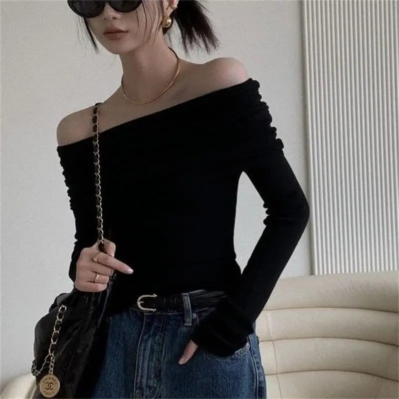 Black Sexy Tops Off Shoulder Long Sleeve T-shirt Women's Solid Elegant