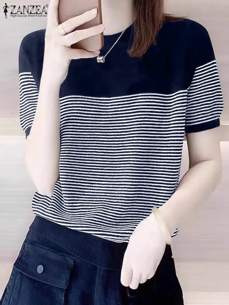 ZANZEA Women Summer T Shirt Vintage Striped Short Sleeve Tee Korean