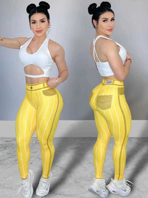 Women High Waist Sports Leggings Stripe Print Stretchable Yoga Pants