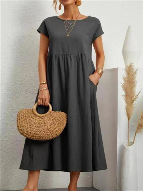 Women Elegant Solid Maxi Dress Summer Short Sleeve O Neck Vintage