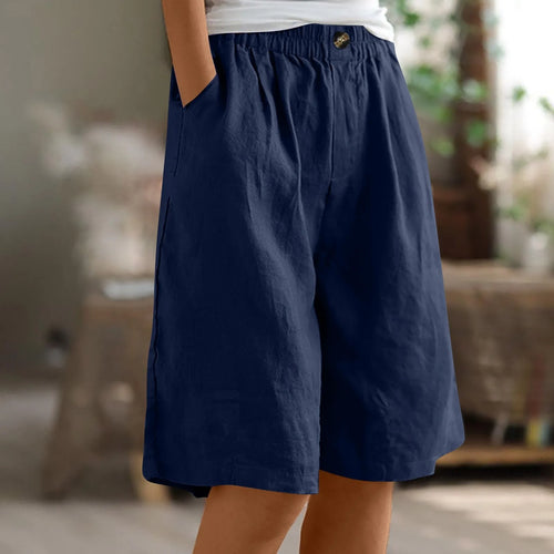 Cotton Linen Shorts Women Summer New Solid Vintage Elastic Waist Wide