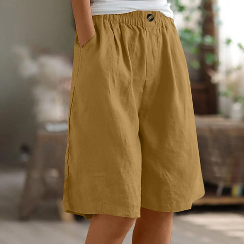 Cotton Linen Shorts Women Summer New Solid Vintage Elastic Waist Wide