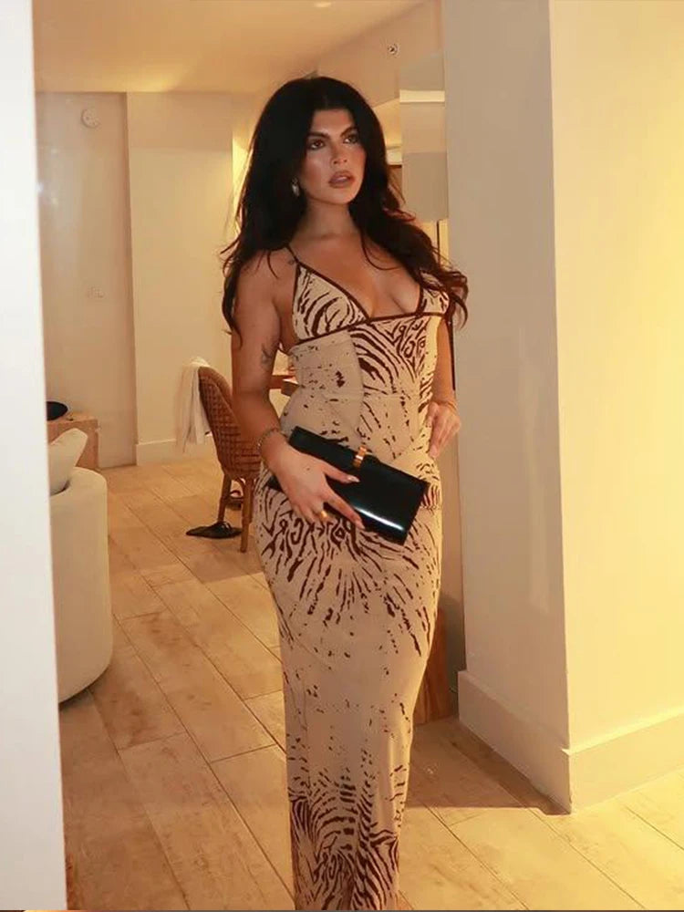 Weird Puss Tie-dye Print Dress Women Sexy Low-Neck Skinny Sleeveless