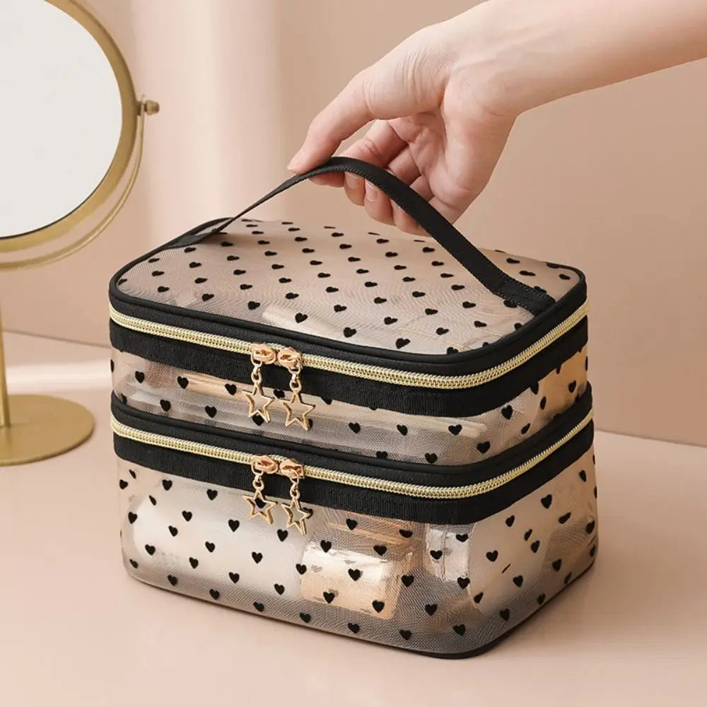Double-layers Black Mesh Cosmetic Bag Travel Portable Large-Capacity