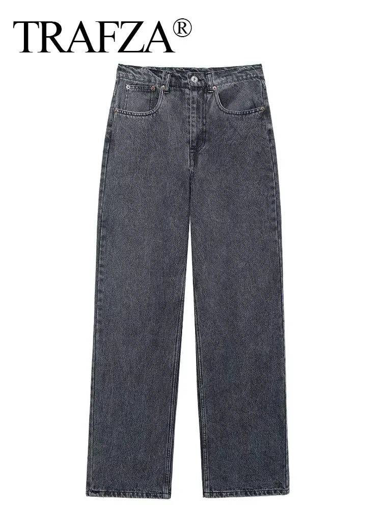 TRAFZA Jeans For Women Fashion Vintage Holes Decorated Denim Pant