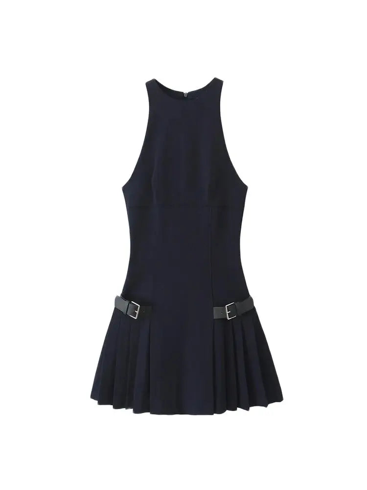 TRZA-Pleated Mini Dress with Side Loops for Women, Halter Neck, Back
