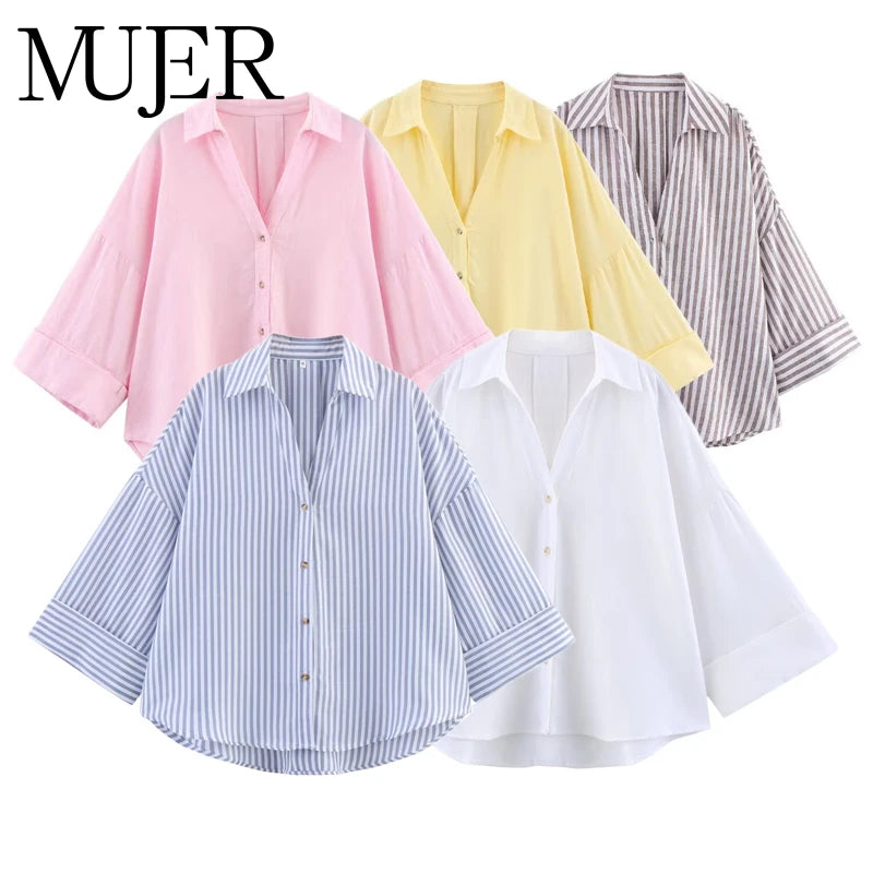 MUJER Women's Shirts Striped Oversize Shirts for Women Wide Sleeve