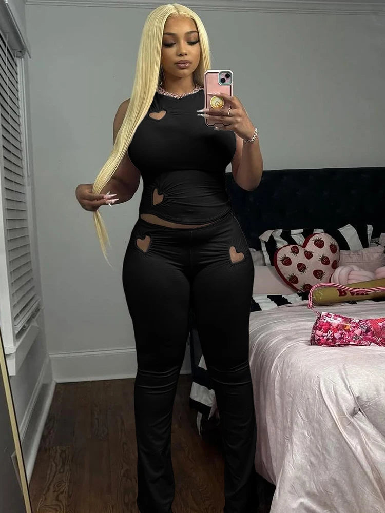 kliou Heart Hollow Women 2 Piece Set Summer New Casual Sleeveless