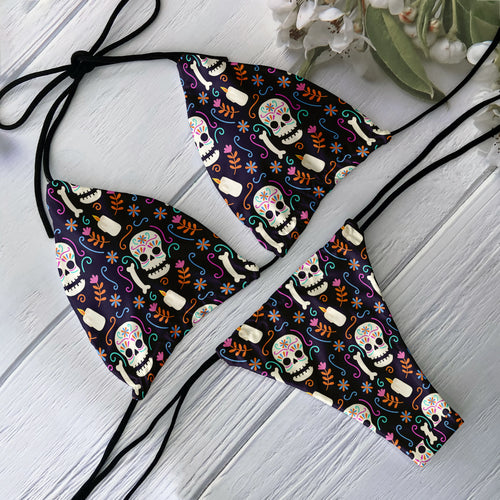 Fashion Bikini Set Women Backless Low Waist Sexy Skull Pattern Printed