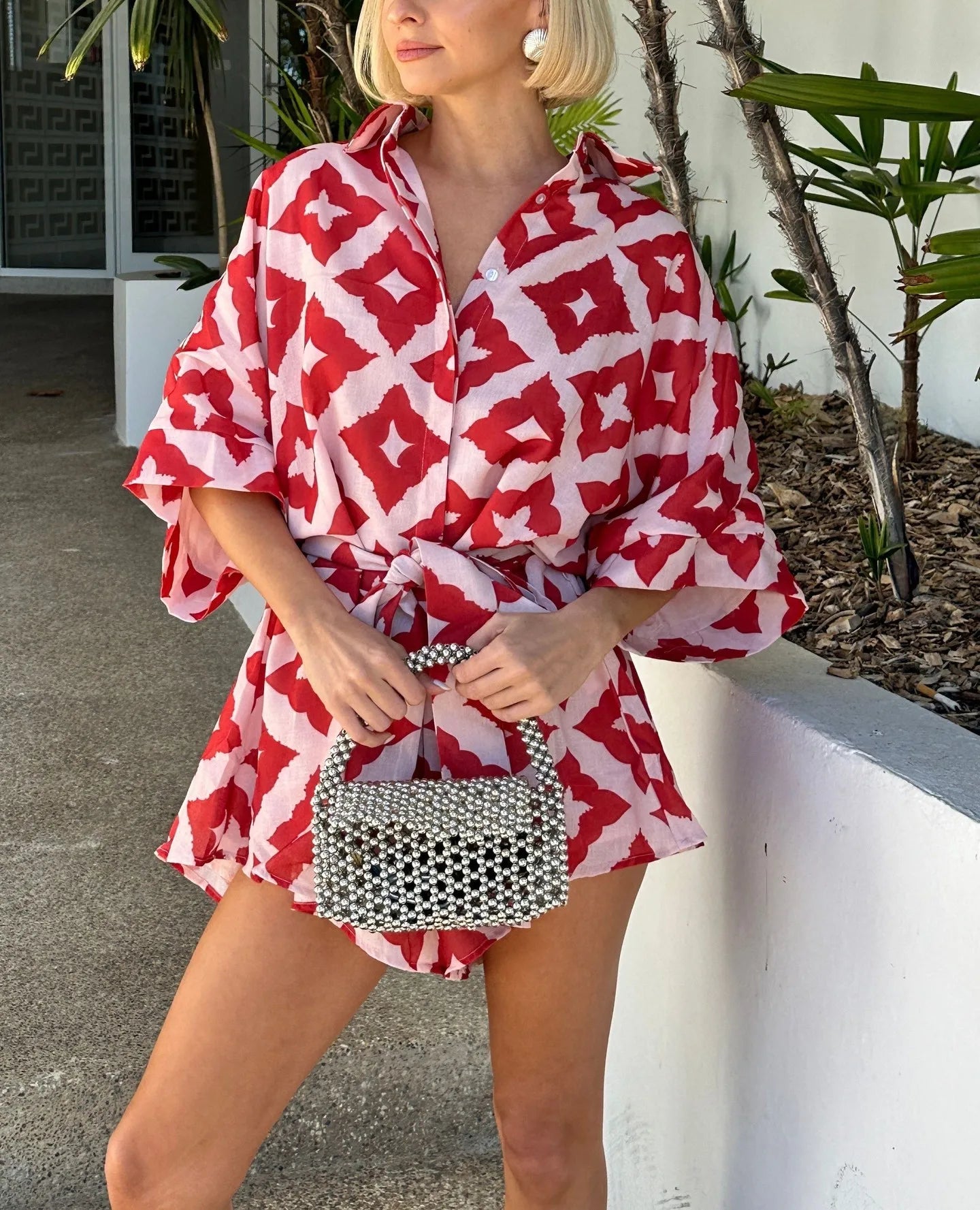 2024 New Autumn Women Loose casual Print Strap Jumpsuit Red Print Bow