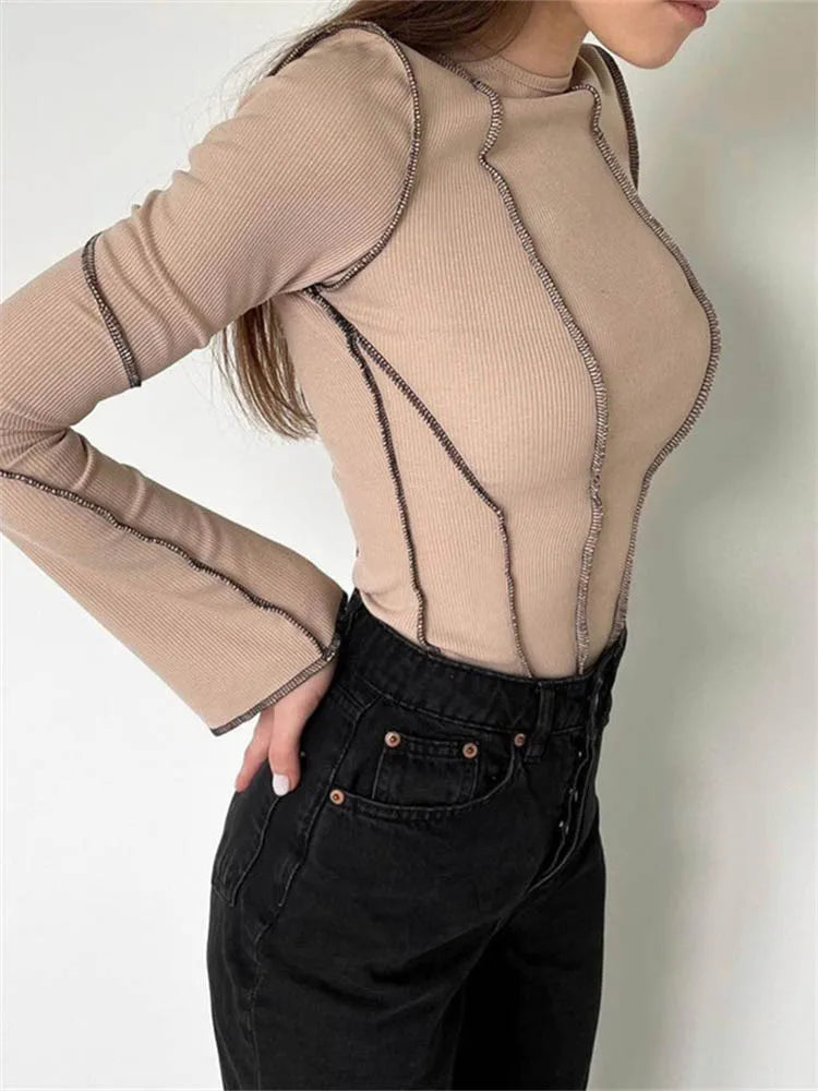 Women Patchwork T-Shirts Chic Casual Long Flare Sleeve Round Neck