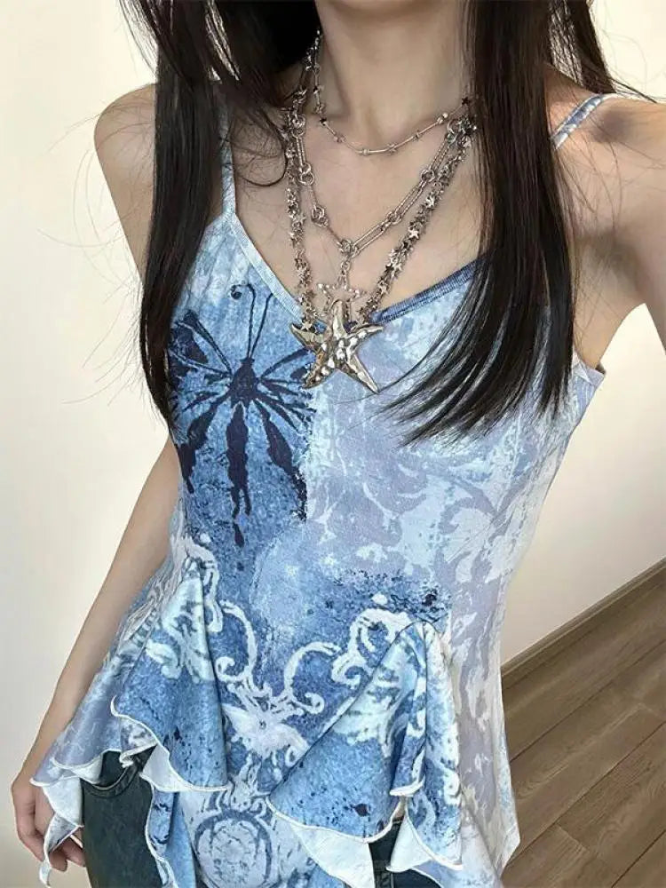Genayooa Retro Tank Tops Women Sleeveless Blue Print Tank Y2k Vintage