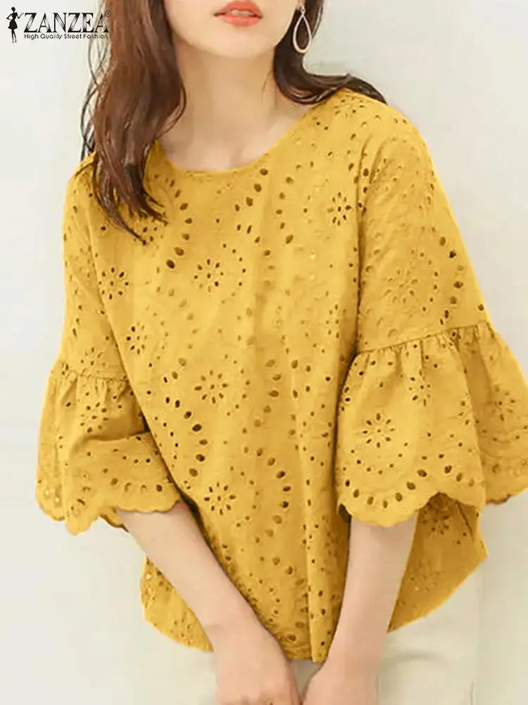 ZANZEA Fashion Summer 3/4 Sleeve Hollow Out Blouse Women Elegant Lace