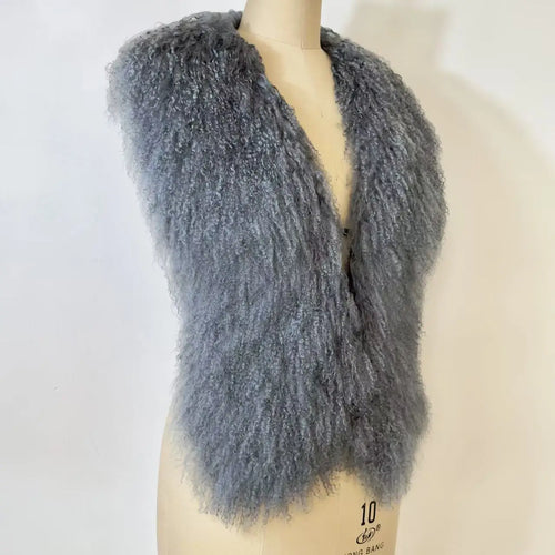 Fluffy Luxury  Real Mongolian Fur Halter Vests Women Solid Deep V-Neck