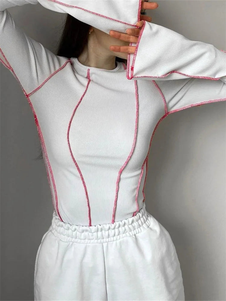 Women Patchwork T-Shirts Chic Casual Long Flare Sleeve Round Neck