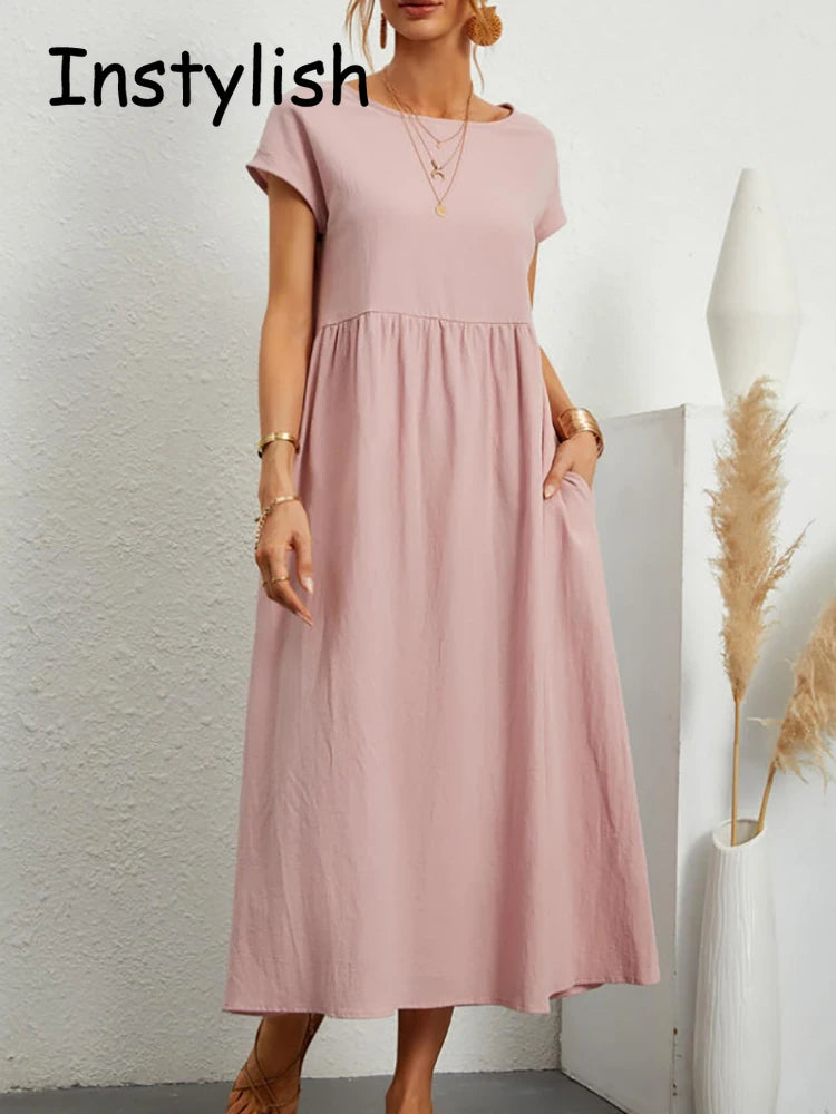 Women Elegant Solid Maxi Dress Summer Short Sleeve O Neck Vintage