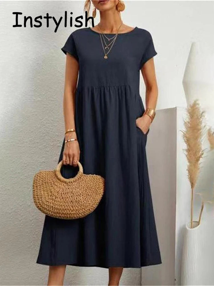 Women Elegant Solid Maxi Dress Summer Short Sleeve O Neck Vintage