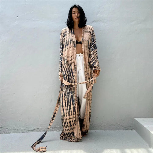 Long Kimono Swimsuit Cover up for Women Stylish Tie Dye Open Front