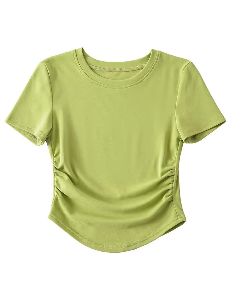 Harajuku Women Crew Neck Short Sleeve Cotton Tee With Ruched Sides