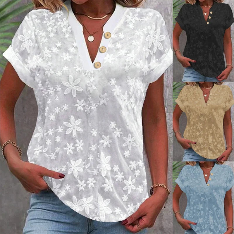 Summer Casual V-neck Shirt Blouse Women Fashion White Jacquard Short