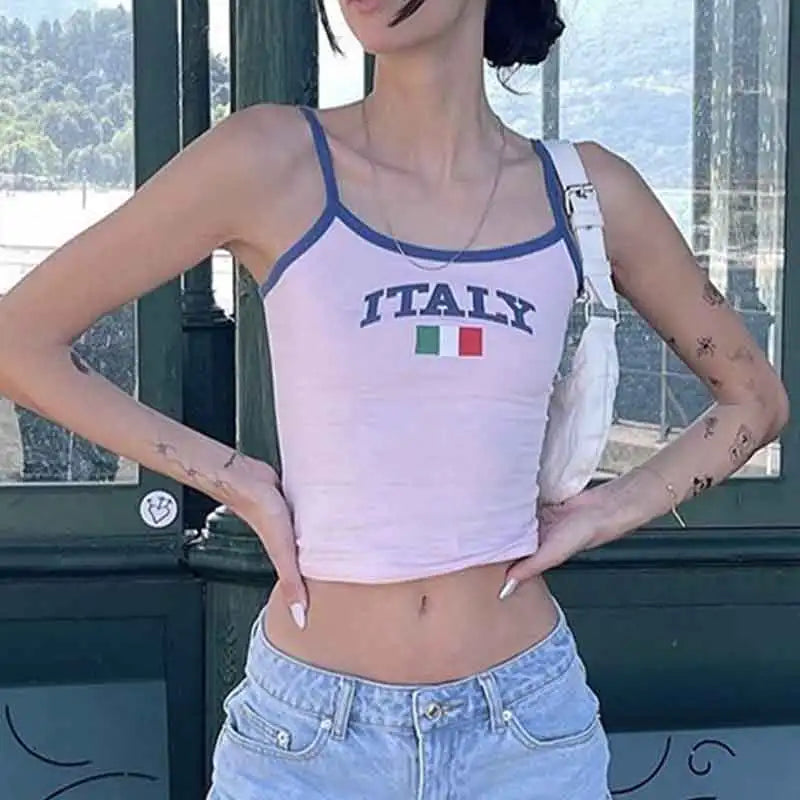 Y2k Clothes Aesthetic ITALY Letter Print Crop Top Vintage Summer Women