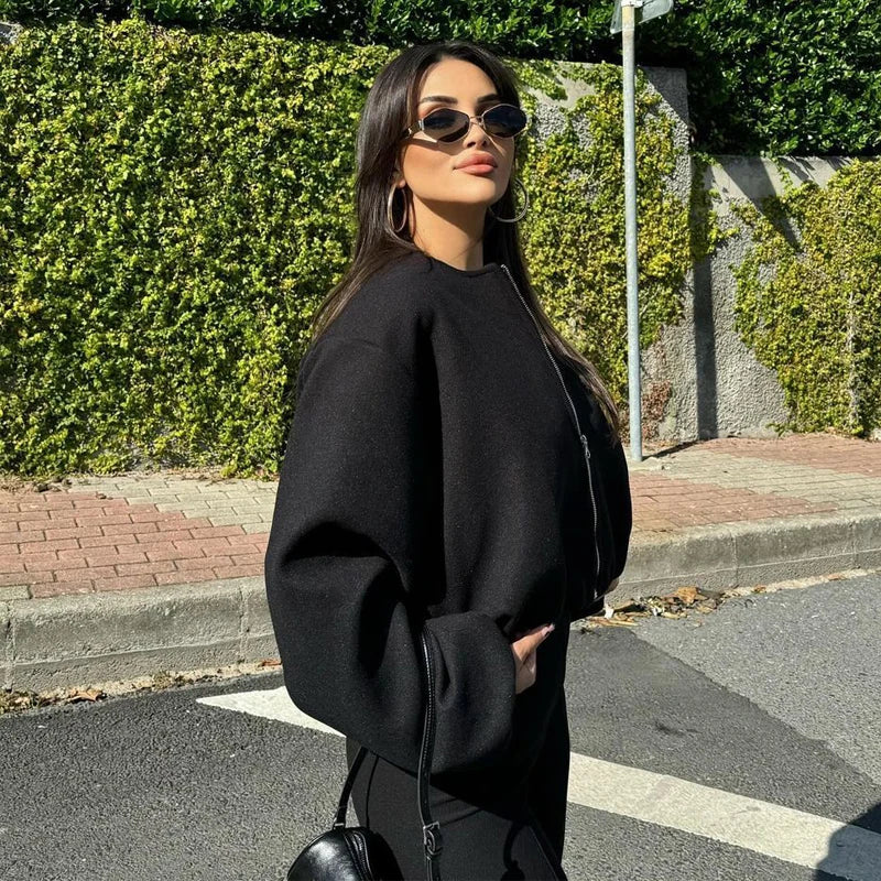 MUJER Black Bomber Jackets for Women Zipper Varsity Jackets Women Soft