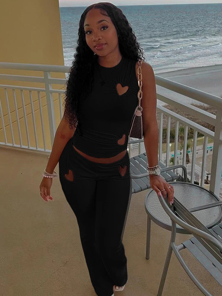 kliou Heart Hollow Women 2 Piece Set Summer New Casual Sleeveless