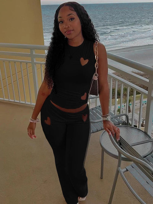 kliou Heart Hollow Women 2 Piece Set Summer New Casual Sleeveless