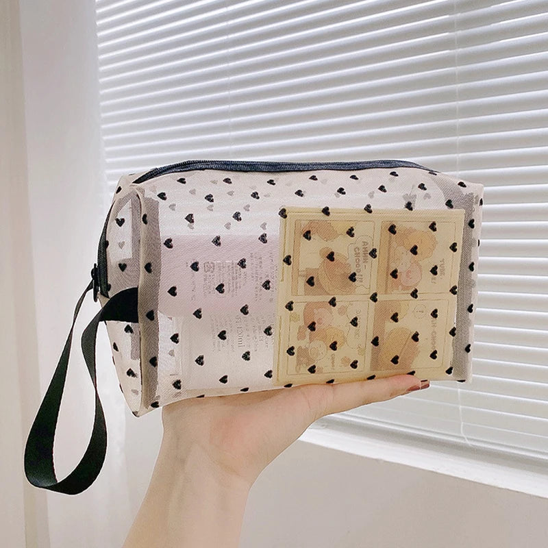 Heart Transparent Mesh Makeup Bag Multifunction Portable Women