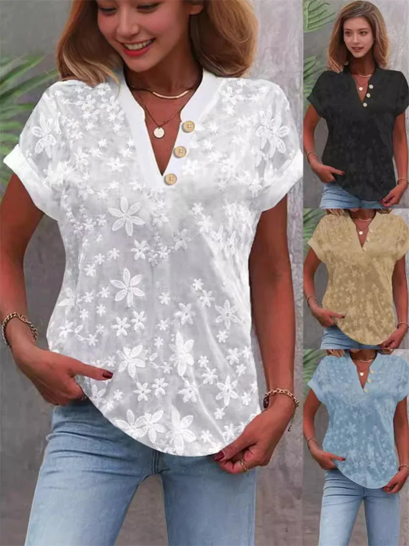 Summer Casual V-neck Shirt Blouse Women Fashion White Jacquard Short