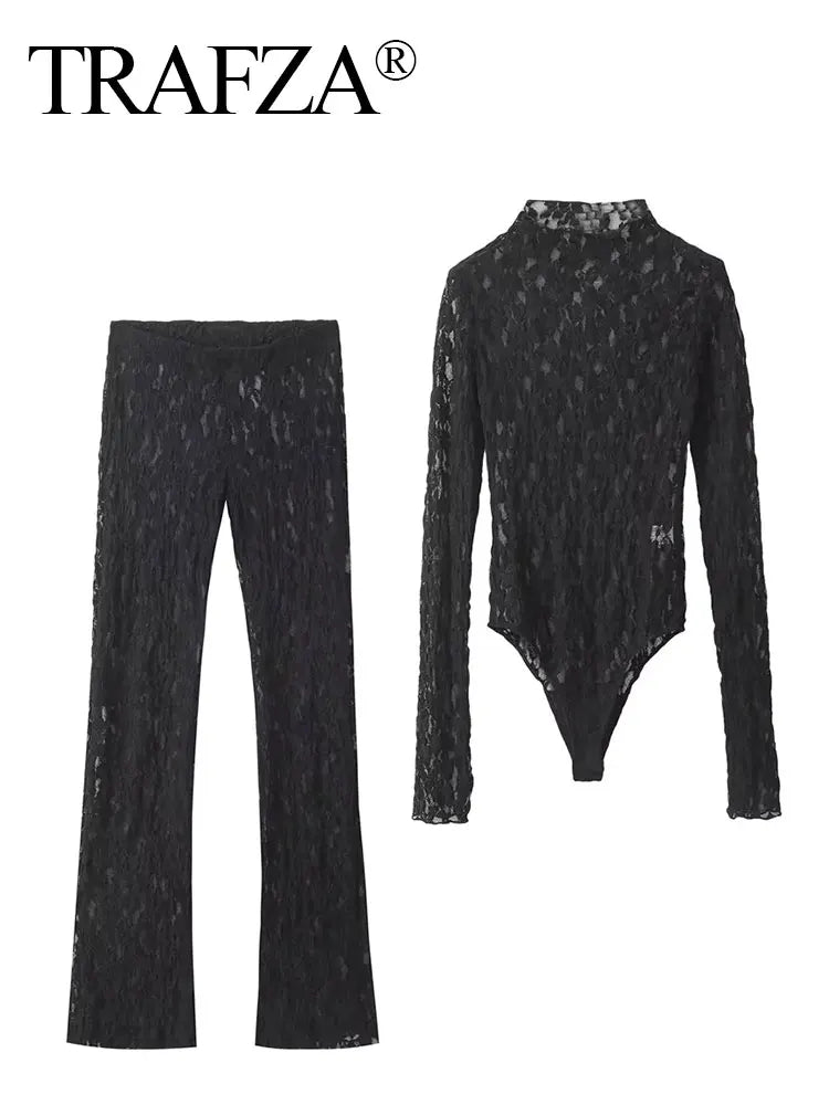 TRAFZA Womens Lace Pants Sets Slim Jumpsuits Top + High Waist Trousers