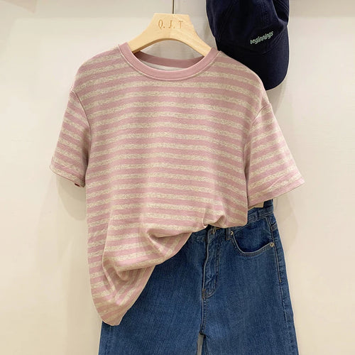 Summer Short Sleeve Striped T-Shirts Versatile Women Knitted Basic