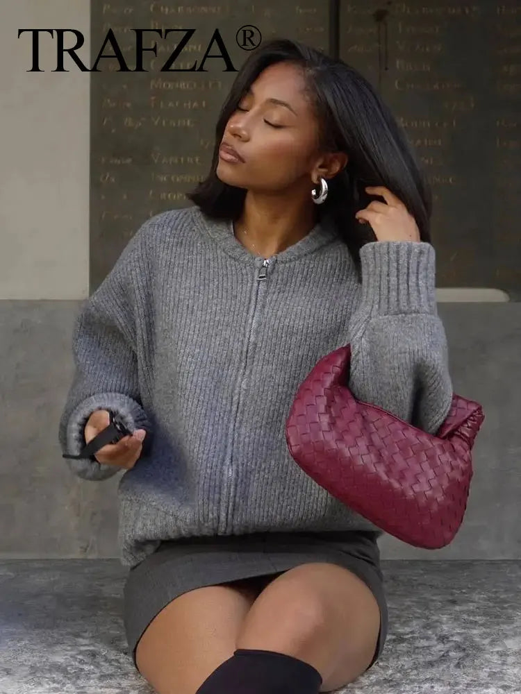 TRAFZA Women Vintage Solid Color Coat Long Sleeve Round Neck Sweater