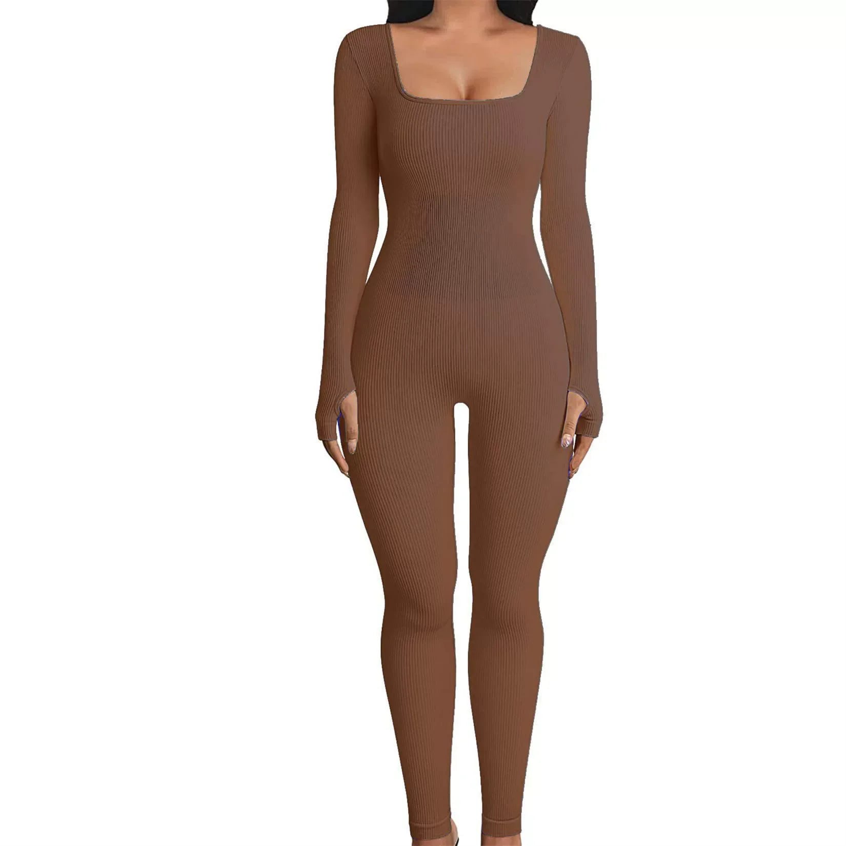 Solid Color Ribbed Yoga Jumpsuit, Seamless Slim Fit Long Sleeve Sports