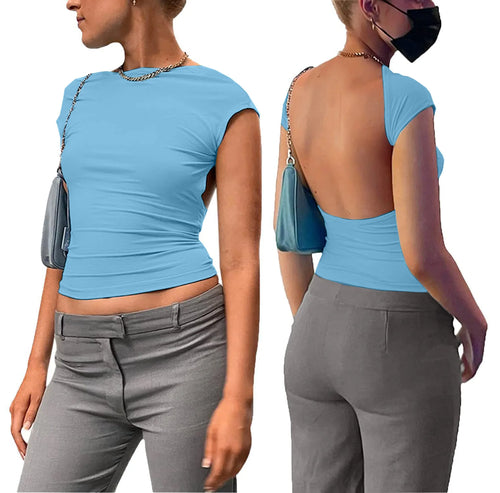 Short Sleeve Backless Tops Women Street Wear 2023 Skinny Basic Summer