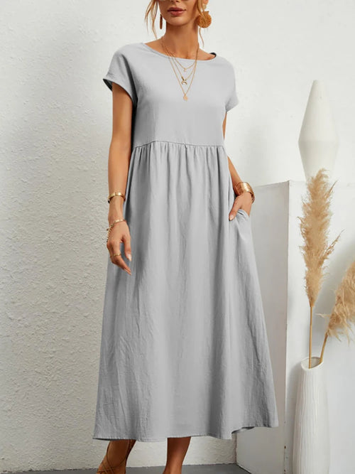 Women Elegant Solid Maxi Dress Summer Short Sleeve O Neck Vintage