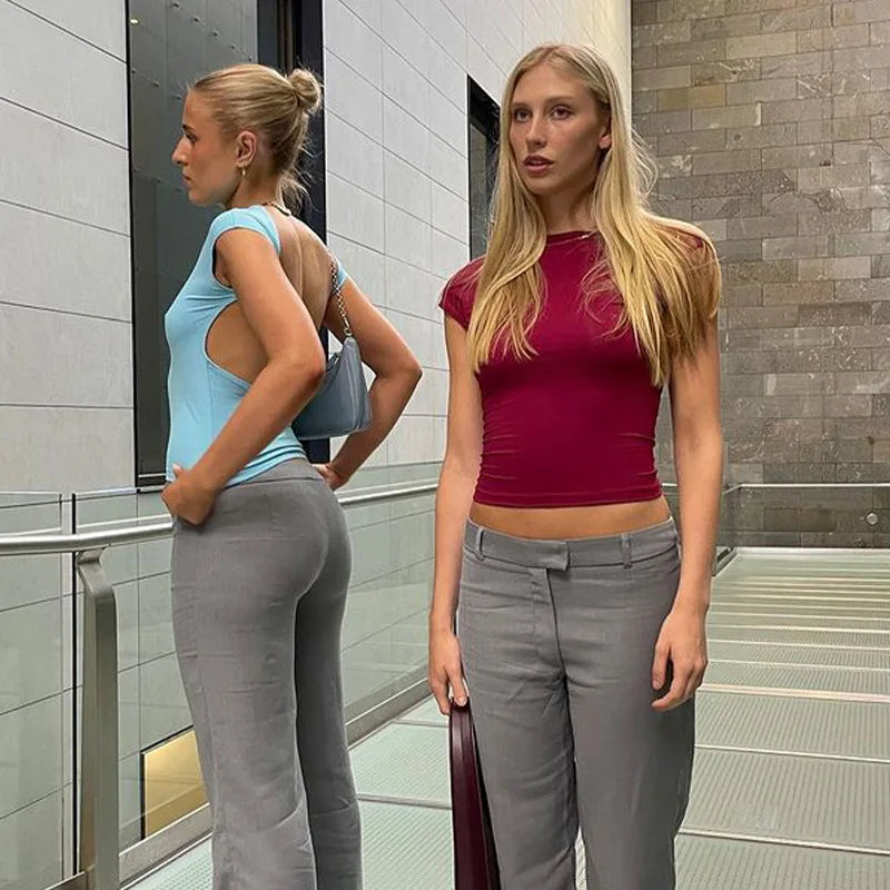 Short Sleeve Backless Tops Women Street Wear 2023 Skinny Basic Summer