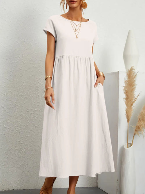 Women Elegant Solid Maxi Dress Summer Short Sleeve O Neck Vintage