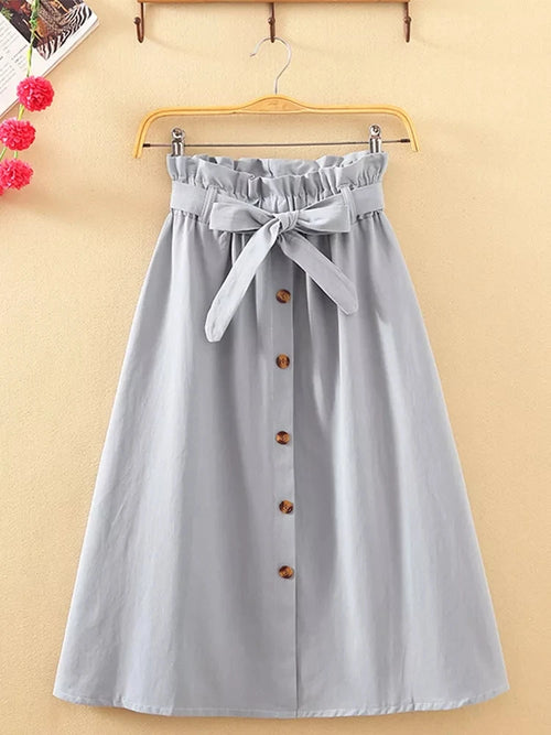 Summer Autumn Skirts Womens Midi Knee Length Korean Elegant Button