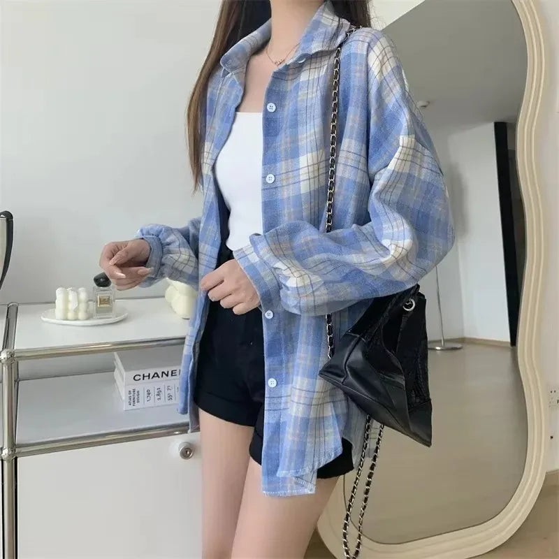 Plaid Shirt Women Fashion Autumn Long Sleeve Top Female Vintage Single