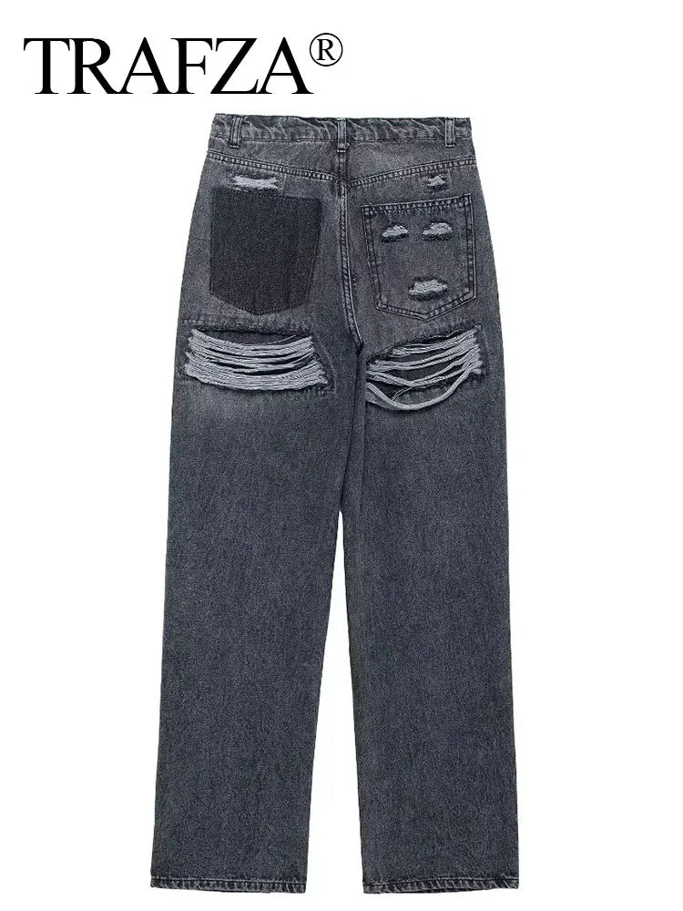 TRAFZA Jeans For Women Fashion Vintage Holes Decorated Denim Pant