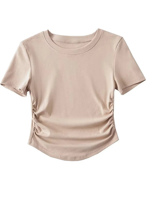 Harajuku Women Crew Neck Short Sleeve Cotton Tee With Ruched Sides