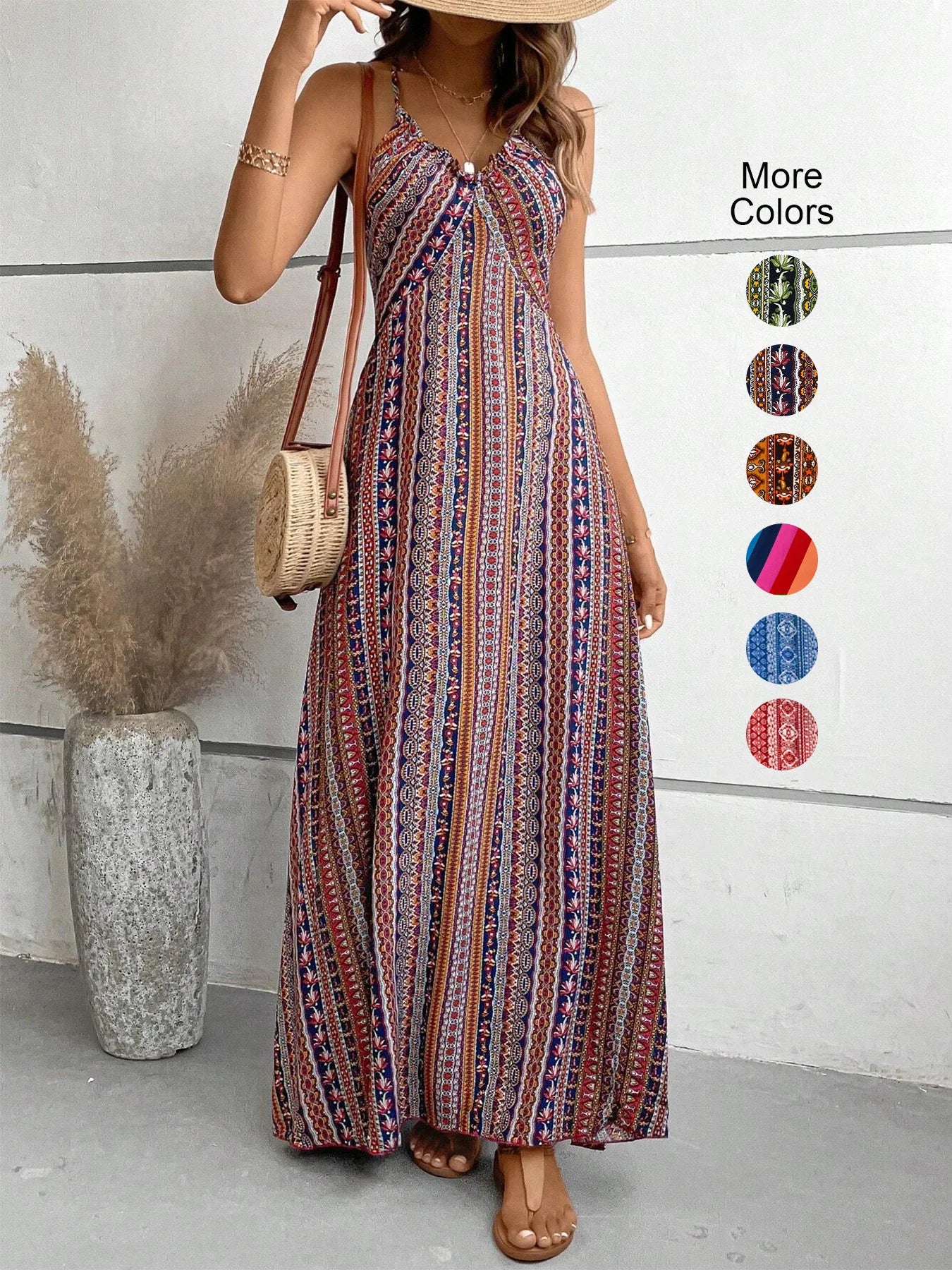Women's Summer Ethnic Pattern Backless Split Thigh Dress Ladies Summer