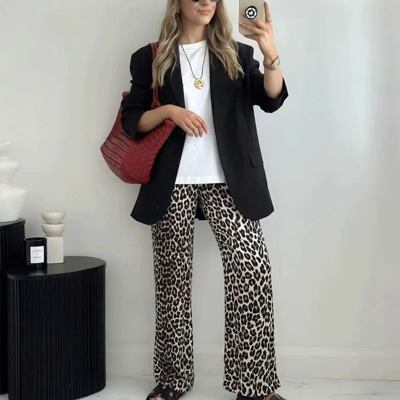 TRAF Vintage Leopard Pants Women High Waist Animal Print Baggy Pants