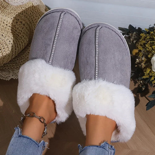 2024 Winter Warm Flat Fur Slippers Women Faux Suede Fluffy Furry Home