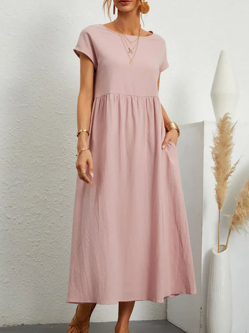 Women Elegant Solid Maxi Dress Summer Short Sleeve O Neck Vintage