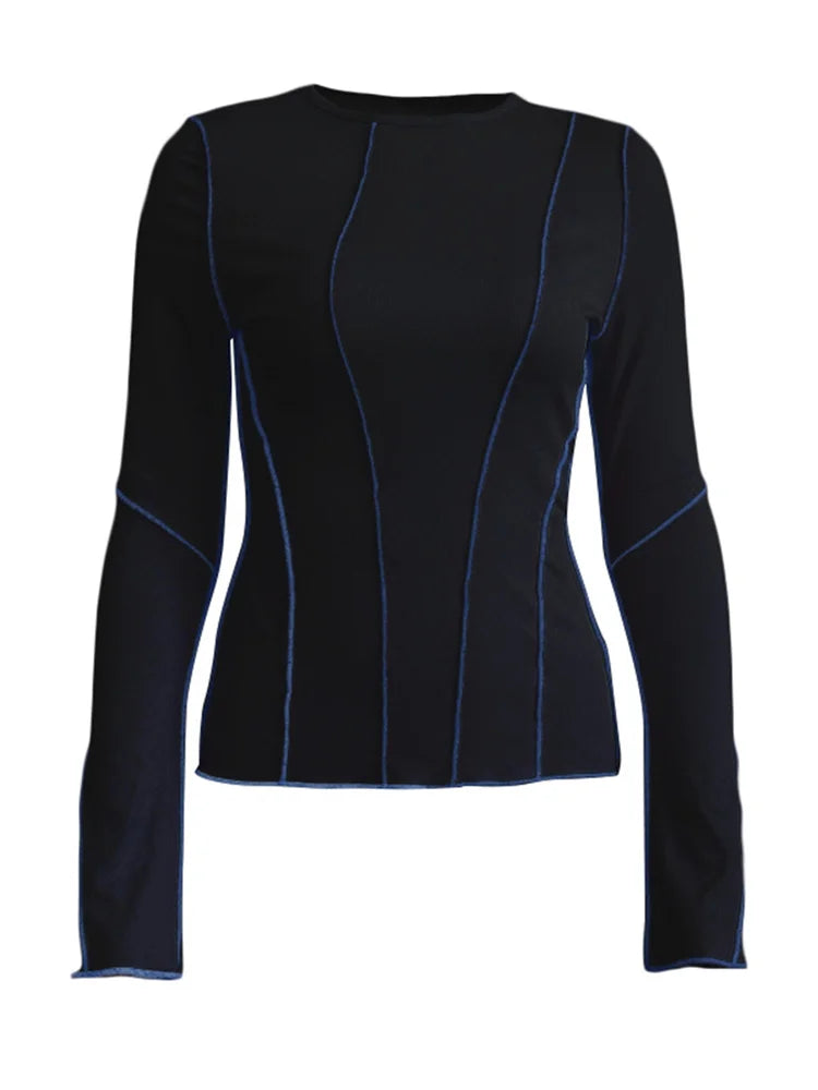 Women Patchwork T-Shirts Chic Casual Long Flare Sleeve Round Neck