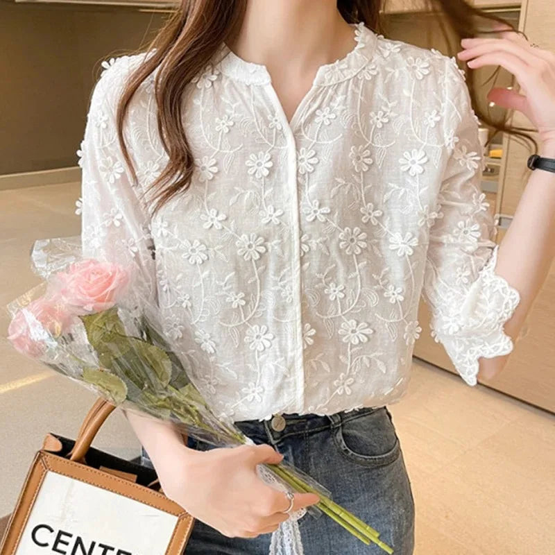 Women's Cotton Short Sleeve Lace Blouse, Summer Tops, Embroidery