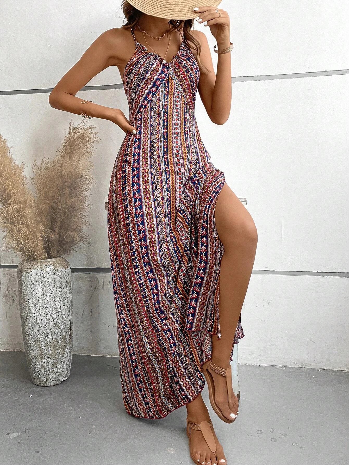 Women's Summer Ethnic Pattern Backless Split Thigh Dress Ladies Summer