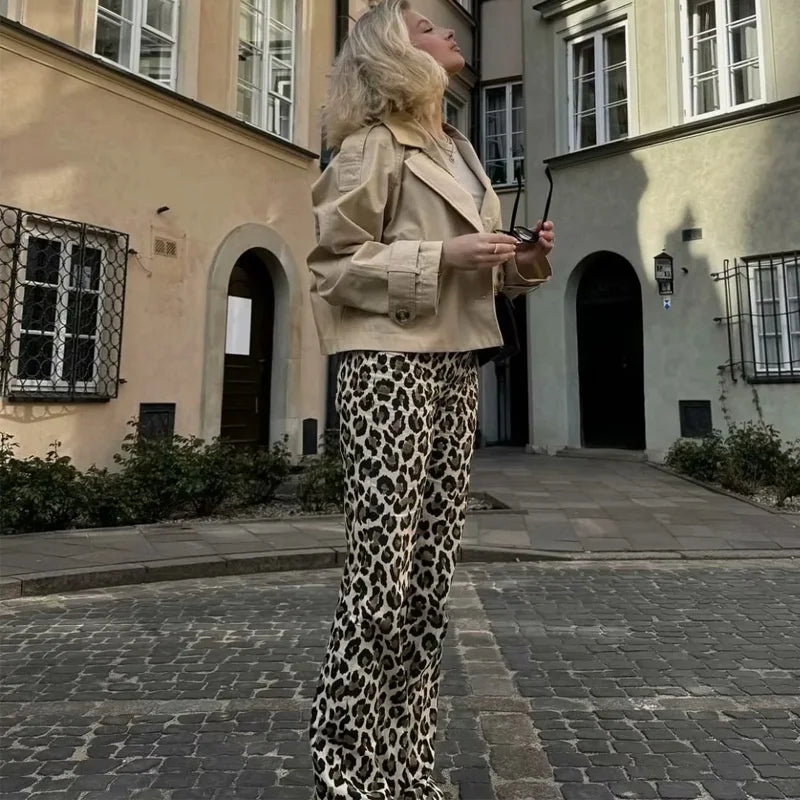 TRAF Vintage Leopard Pants Women High Waist Animal Print Baggy Pants